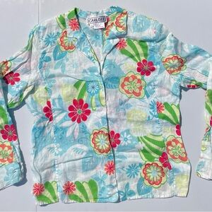 Carlisle 70s style floral blue red green long sleeve button down, size 14
